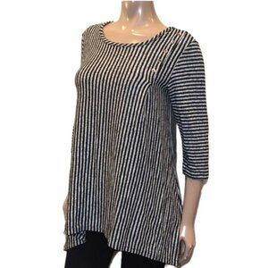 COIN 1804 Striped Tunic Top Cropped Long Sleeve Asymmetric Hem Button Accent